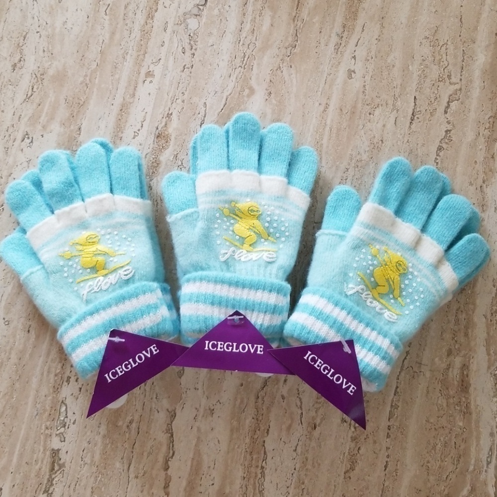 Set of 3 New Light Blue Double Layered 2 in 1 Wool Blend Cozy Warm Gloves